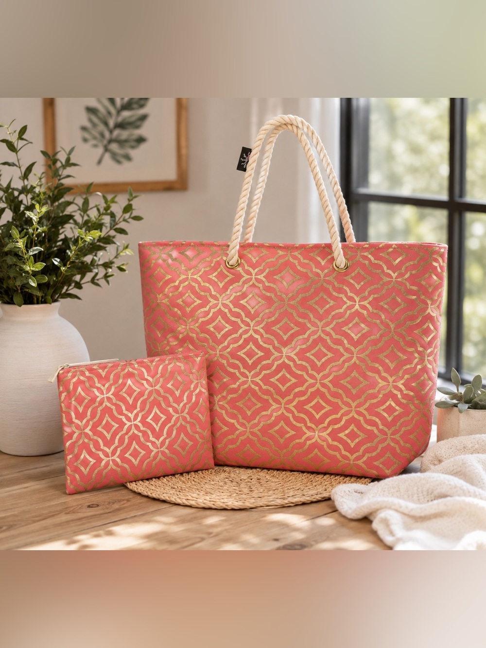 NWT Olivia Miller Pink/Orange BEACH Tote with Pouch